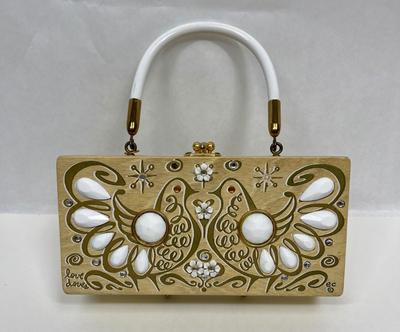 Enid Collins' Original Box Bag "Love Doves" Rectangular Wooden Purse w/Handle Handbag