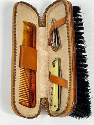 Vintage Manicure set in Leather Case w/ built in Brush