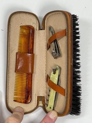 Vintage Manicure set in Leather Case w/ built in Brush