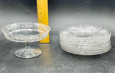 Etched glass plates and small pedestal compote