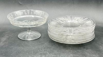 Etched glass plates and small pedestal compote