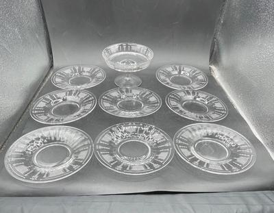 Etched glass plates and small pedestal compote