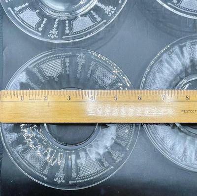 Etched glass plates and small pedestal compote