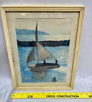 Framed Watercolor of a Sailboat by Claire Thoms