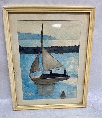 Framed Watercolor of a Sailboat by Claire Thoms