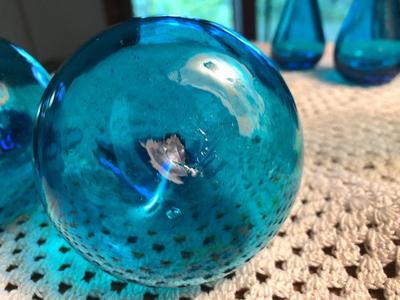 Unbranded Turquoise Handblown Glass Plate, Candle Stick, and Fruits