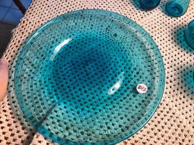 Unbranded Turquoise Handblown Glass Plate, Candle Stick, and Fruits