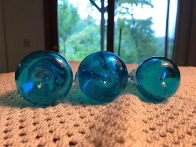 Unbranded Turquoise Handblown Glass Plate, Candle Stick, and Fruits
