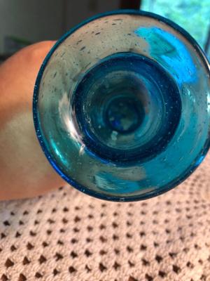 Unbranded Turquoise Handblown Glass Plate, Candle Stick, and Fruits