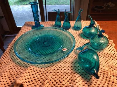 Unbranded Turquoise Handblown Glass Plate, Candle Stick, and Fruits