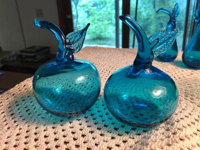 Unbranded Turquoise Handblown Glass Plate, Candle Stick, and Fruits