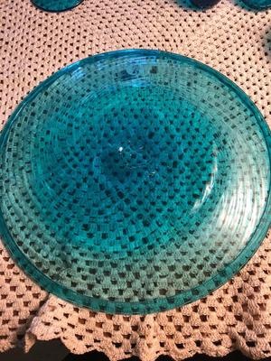 Unbranded Turquoise Handblown Glass Plate, Candle Stick, and Fruits