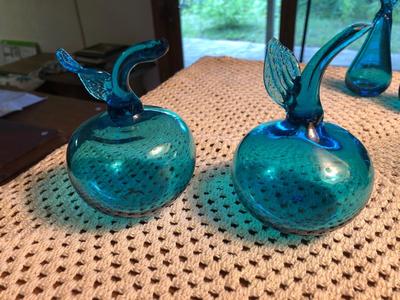 Unbranded Turquoise Handblown Glass Plate, Candle Stick, and Fruits