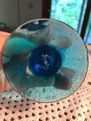 Unbranded Turquoise Handblown Glass Plate, Candle Stick, and Fruits