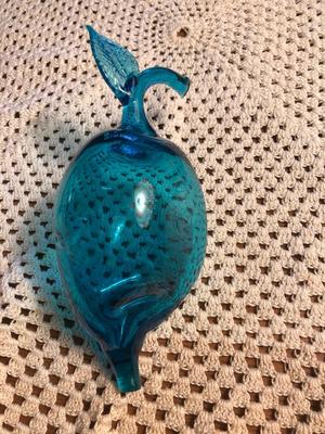 Unbranded Turquoise Handblown Glass Plate, Candle Stick, and Fruits