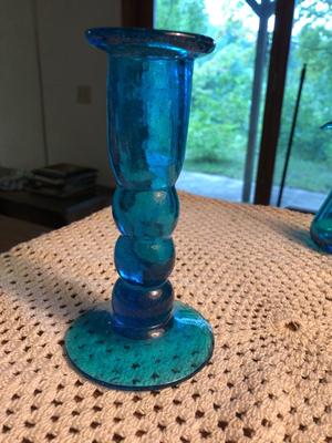 Unbranded Turquoise Handblown Glass Plate, Candle Stick, and Fruits