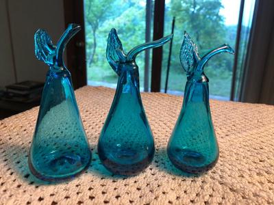 Unbranded Turquoise Handblown Glass Plate, Candle Stick, and Fruits