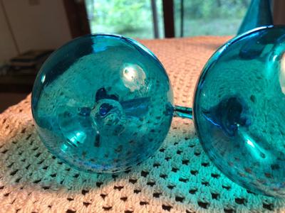 Unbranded Turquoise Handblown Glass Plate, Candle Stick, and Fruits