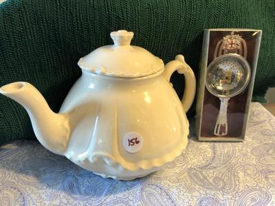 Vintage White Victorian Style. Teapot and Souvenir Tea Strainer