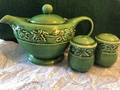 Vintage Christmas Teapot, Creamer, and Sugar