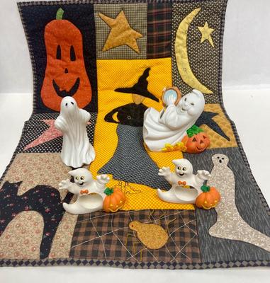 Halloween Lot - quilted Table Runner, 4 porcelain ghosts