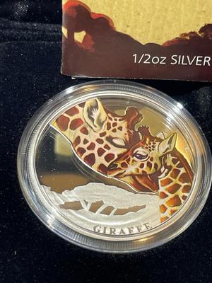 Australian MOTHER'S LOVE GIRAFFE 2014 Proof Colorized 1/2 Ounce .999 Fine Silver Coin Limited to 10,000 as Pictured.