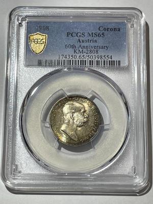 PCGS CERTIFIED AUSTRIA 1908 MS65 CORONA KM-2808 60TH ANNIVERSARY GORGEOUS TONED SILVER COIN.