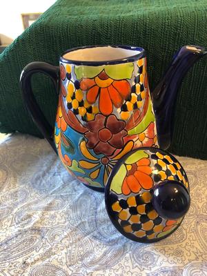Handpainted Folk Art Mexican Tea Pot, Creamer, and Sugar, Signed