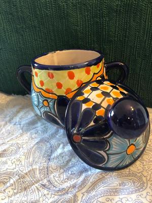 Handpainted Folk Art Mexican Tea Pot, Creamer, and Sugar, Signed