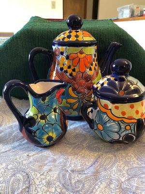 Handpainted Folk Art Mexican Tea Pot, Creamer, and Sugar, Signed