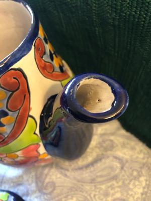 Handpainted Folk Art Mexican Tea Pot, Creamer, and Sugar, Signed