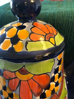 Handpainted Folk Art Mexican Tea Pot, Creamer, and Sugar, Signed