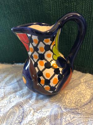 Handpainted Folk Art Mexican Tea Pot, Creamer, and Sugar, Signed