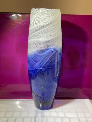 Vintage Mid-Century Modern Art Glass Spun Blue/White Vase 10" Tall in Good Preowned Condition.