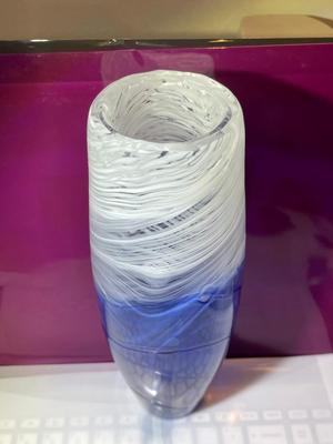 Vintage Mid-Century Modern Art Glass Spun Blue/White Vase 10" Tall in Good Preowned Condition.
