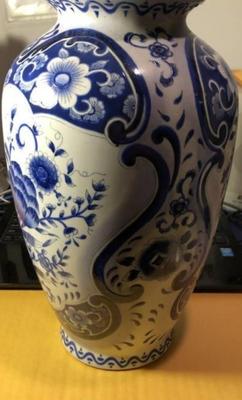 Vintage Asian Style Blue & White Vase Ex-Lamp Drilled 14" Tall Preowned from an Estate in Good Condition. (Heavy).