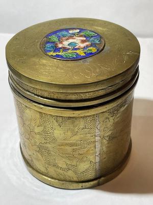 Vintage Asian Engraved Brass Tobacco/Tea Caddy Canister 3" Tall in Good Preowned Condition.