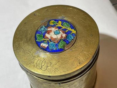 Vintage Asian Engraved Brass Tobacco/Tea Caddy Canister 3" Tall in Good Preowned Condition.