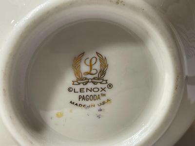 Pair of Lenox China Pagoda 6.75" & 6.25" Bottleneck & Bubble Vases w/Blue Florals and 24K Gold Trim Retired in VG...