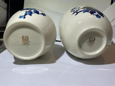 Pair of Lenox China Pagoda 6.75" & 6.25" Bottleneck & Bubble Vases w/Blue Florals and 24K Gold Trim Retired in VG...