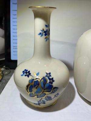 Pair of Lenox China Pagoda 6.75" & 6.25" Bottleneck & Bubble Vases w/Blue Florals and 24K Gold Trim Retired in VG...
