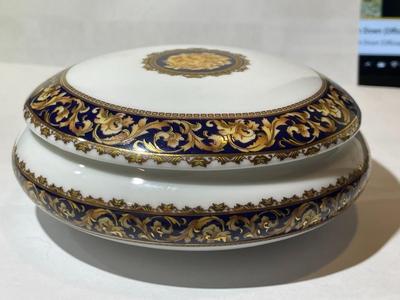 Vintage Limoges Designed in France Porcelain Covered Trinket Bowl by Bacchus w/Tags 5" Diameter as Pictured.