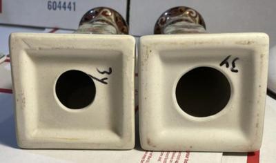 Asian Pair of Ceramic Candle Holders 8.75" Tall in Good Preowned Condition as Pictured.
