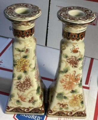 Asian Pair of Ceramic Candle Holders 8.75" Tall in Good Preowned Condition as Pictured.