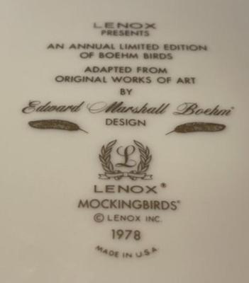 Lenox Boehm Birds Mockingbirds 10.5" Decorative Plate 1978 Edward Marshall Boehm in VG Condition.