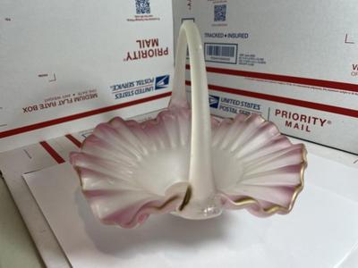 Vintage Peach Blow Style Art Glass 7.5" Wide Basket Preowned from an Estate in Good Condition.