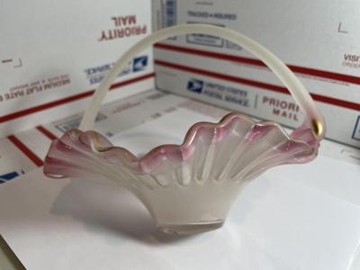 Vintage Peach Blow Style Art Glass 7.5" Wide Basket Preowned from an Estate in Good Condition.