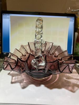 Vintage Deco Style Bohemian Amethyst Art Glass Beehive Basket in VG Preowned Condition.