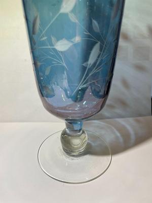 Vintage Light Blue Etched Pedestal Beer Glass 9.75" Tall in Good Preowned Condition.