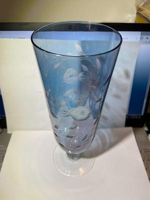 Vintage Light Blue Etched Pedestal Beer Glass 9.75" Tall in Good Preowned Condition.